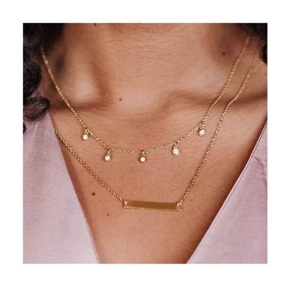 Fosterie Gold Layered Gem Necklace Gold Plated Dainty Chain Bar Pendant New NWT. - Picture 3 of 5